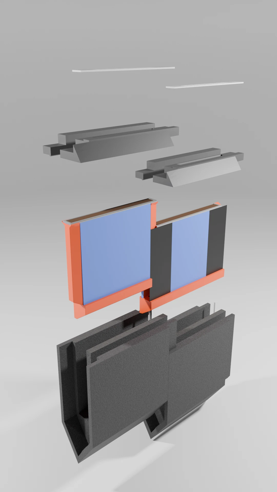 Eksploderet 3D-illustration af de enkelte komponenter i en modulær NOAH-barrieresektion.